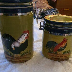 VTG Provence Baum Brothers Style Eyes 2 Piece Canister Set Rooster Collection